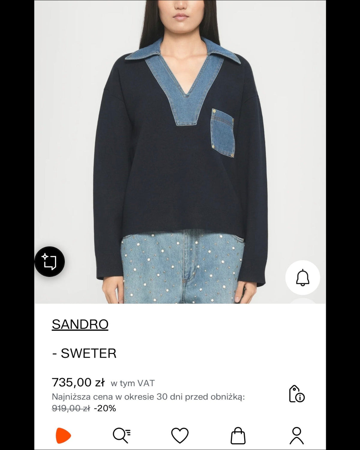 Navy viscose sweater with denim inserts by Sandro