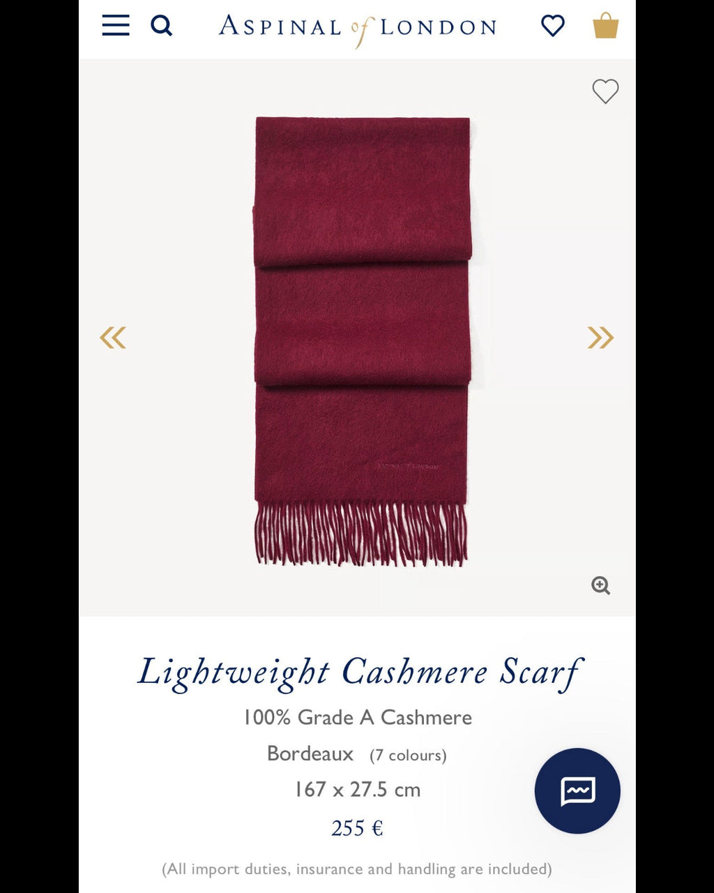 Red cashmere scarf by Aspinal of London