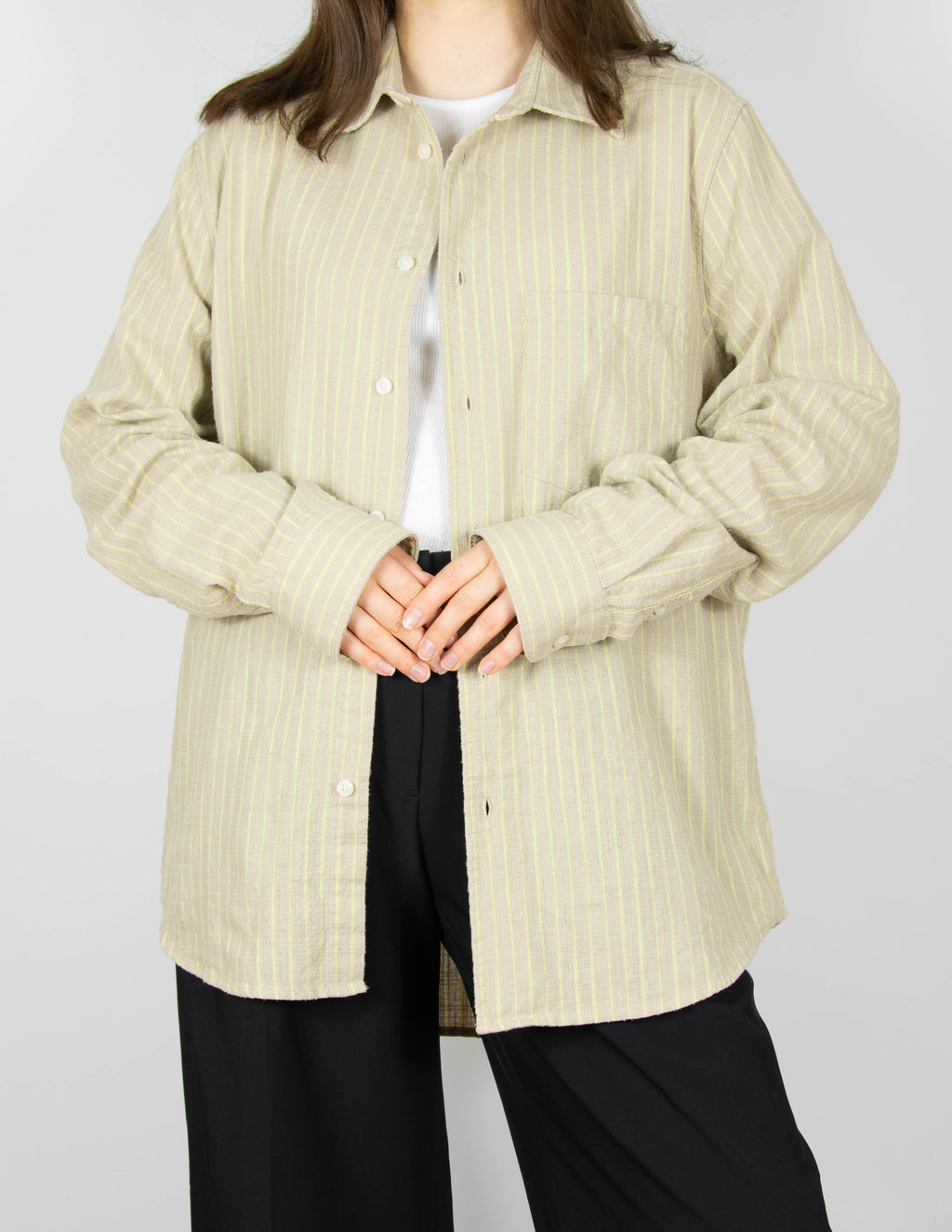 Beige cotton and linen shirt with lime green stripes by SAMSØE SAMSØE