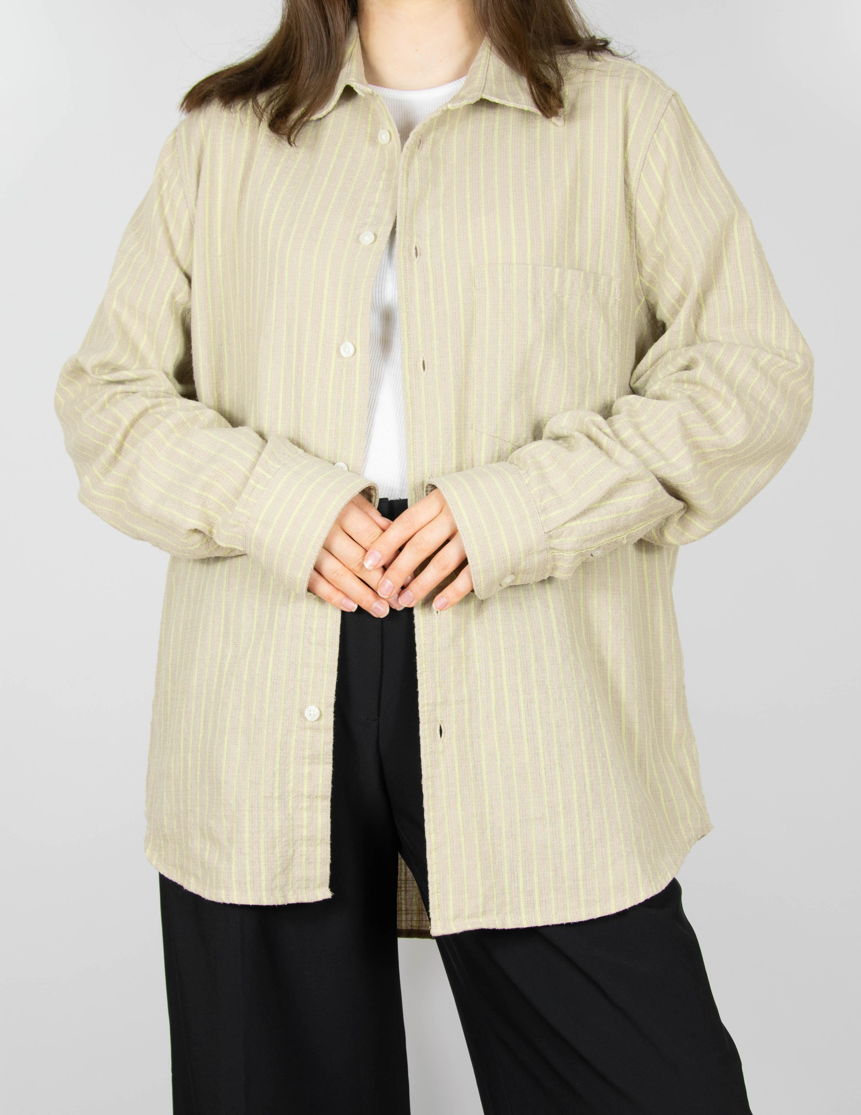 Beige cotton and linen shirt with lime green stripes by SAMSØE SAMSØE