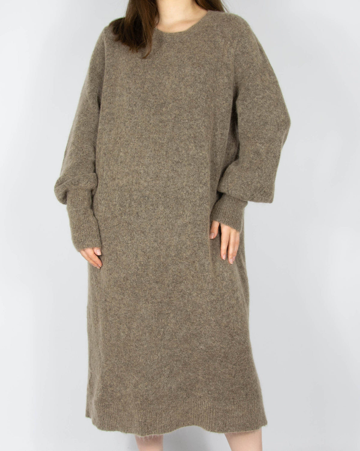 Beige and olive mohair and wool dress by Claire