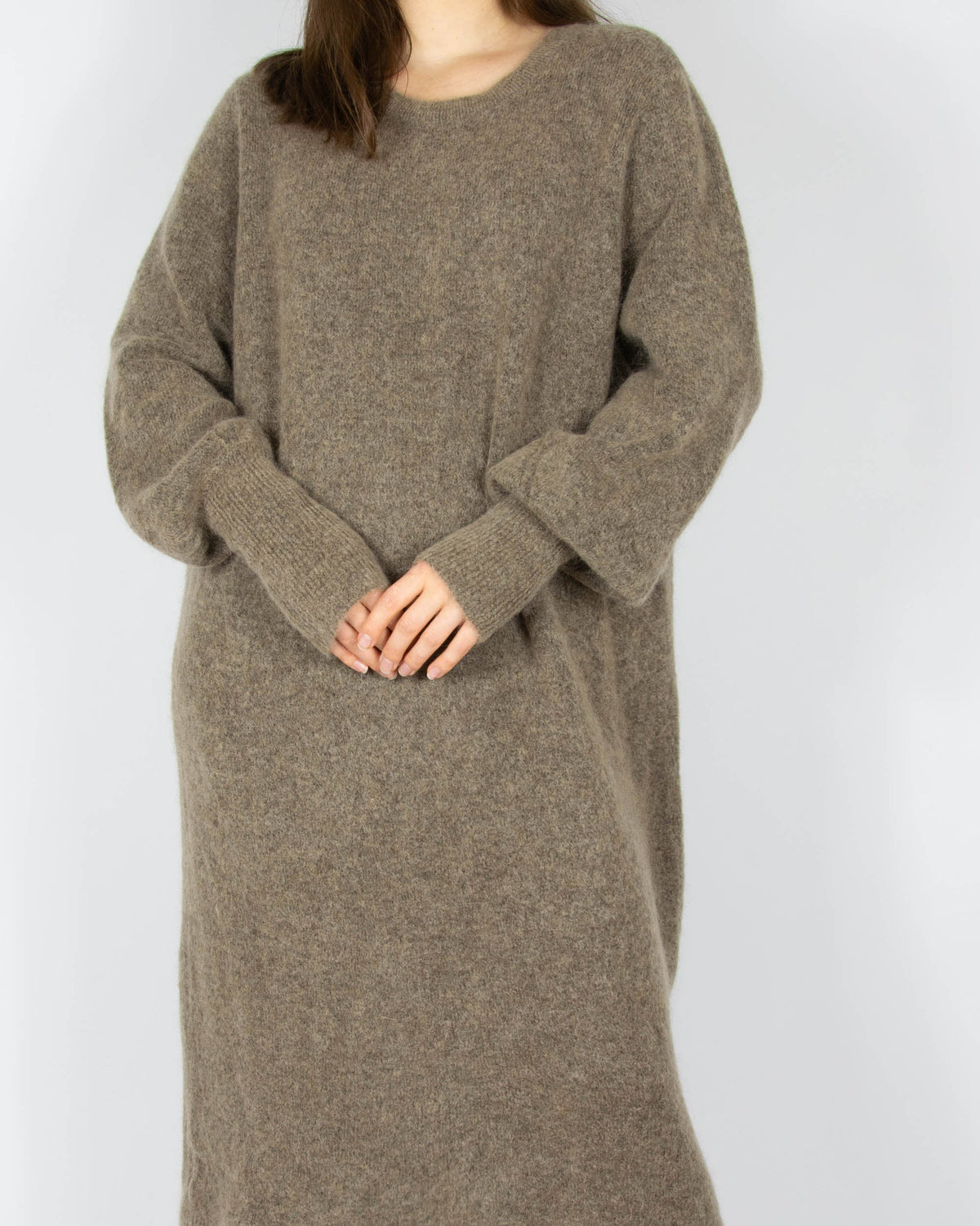 Beige and olive mohair and wool dress by Claire