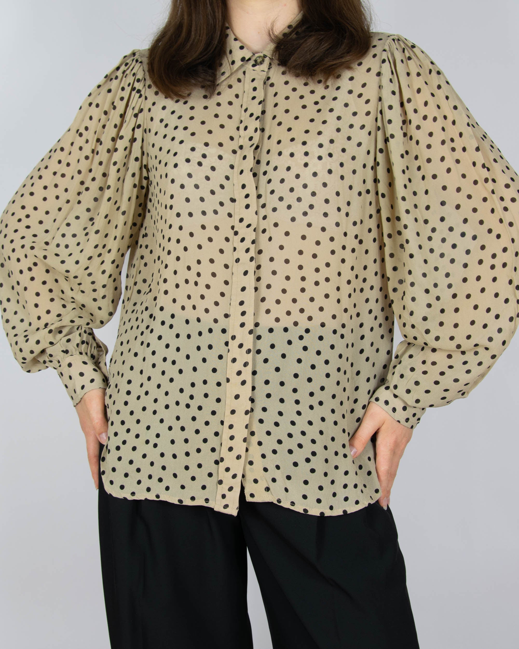 Beige viscose shirt with black polka dots by premium brand GANNI