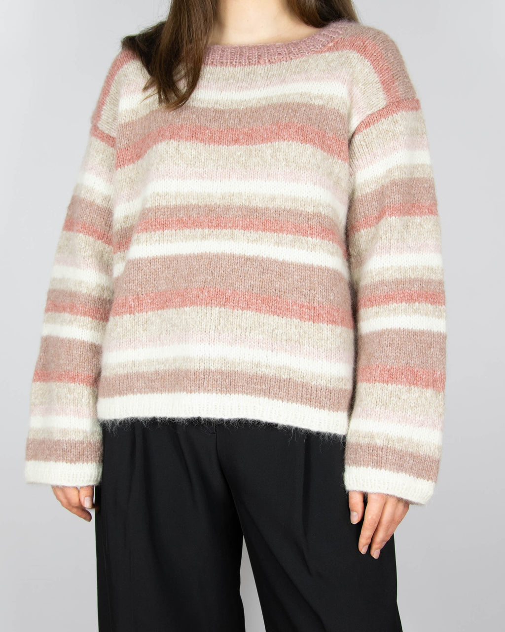 Beige and pink handmade alpaca striped sweater