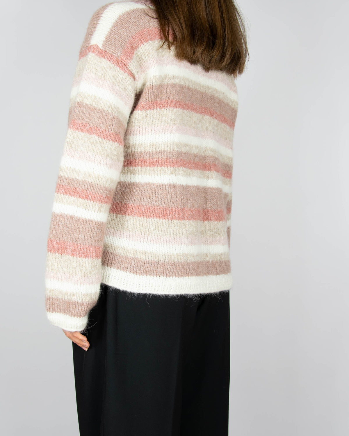 Beige and pink handmade alpaca striped sweater