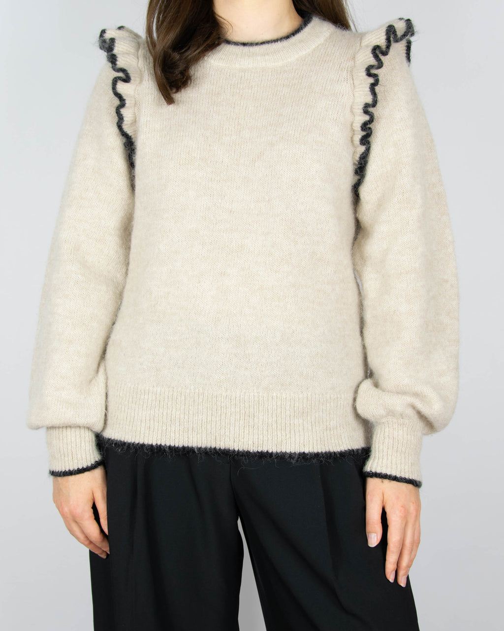 Beige wool and alpaca sweater with ruffle details by Scandinavian brand Selected.