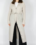 Beige long belted wool cardigan by Danish brand Claire