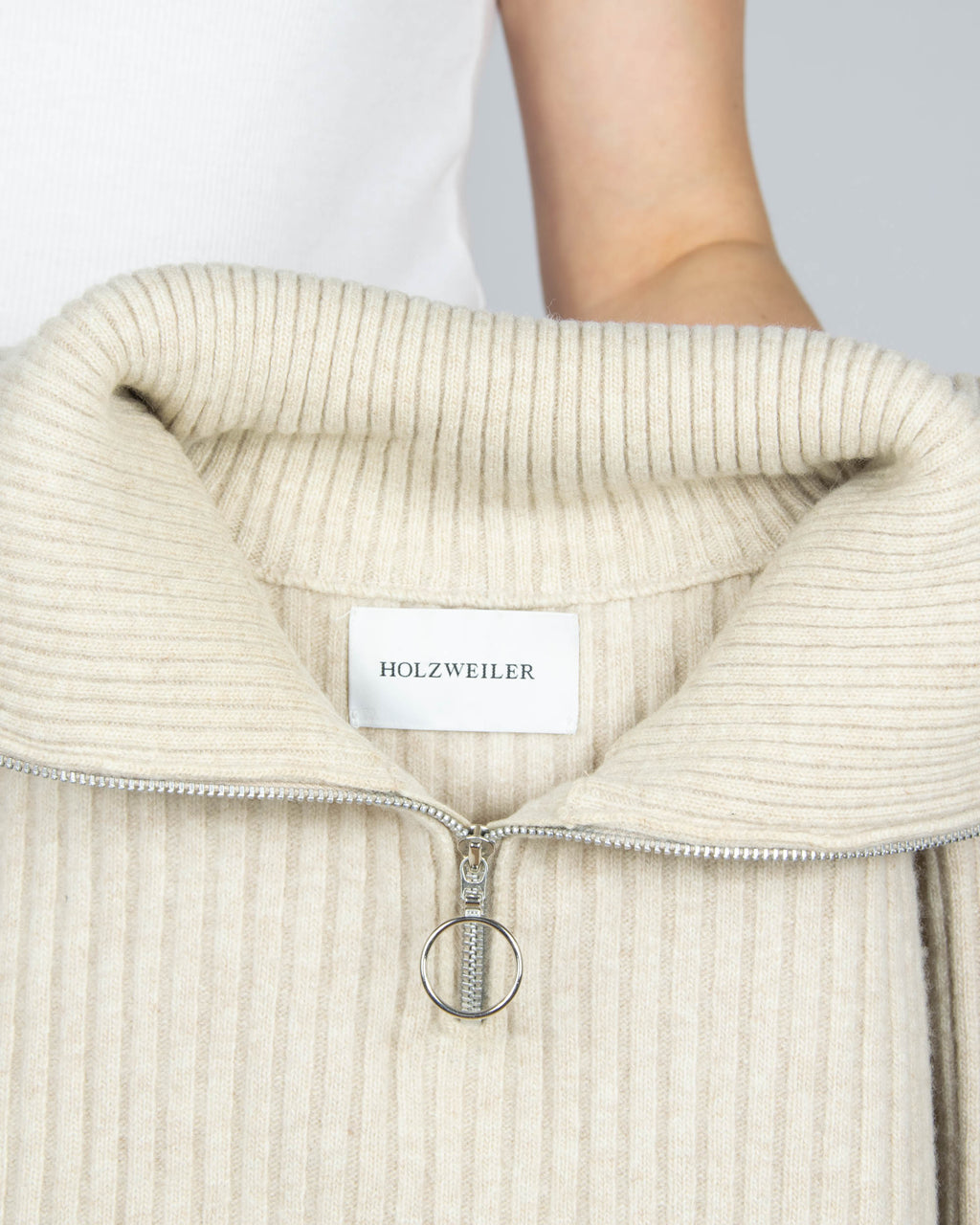 Cream Italian extra fine wool zip-up sweater by Holzweiler