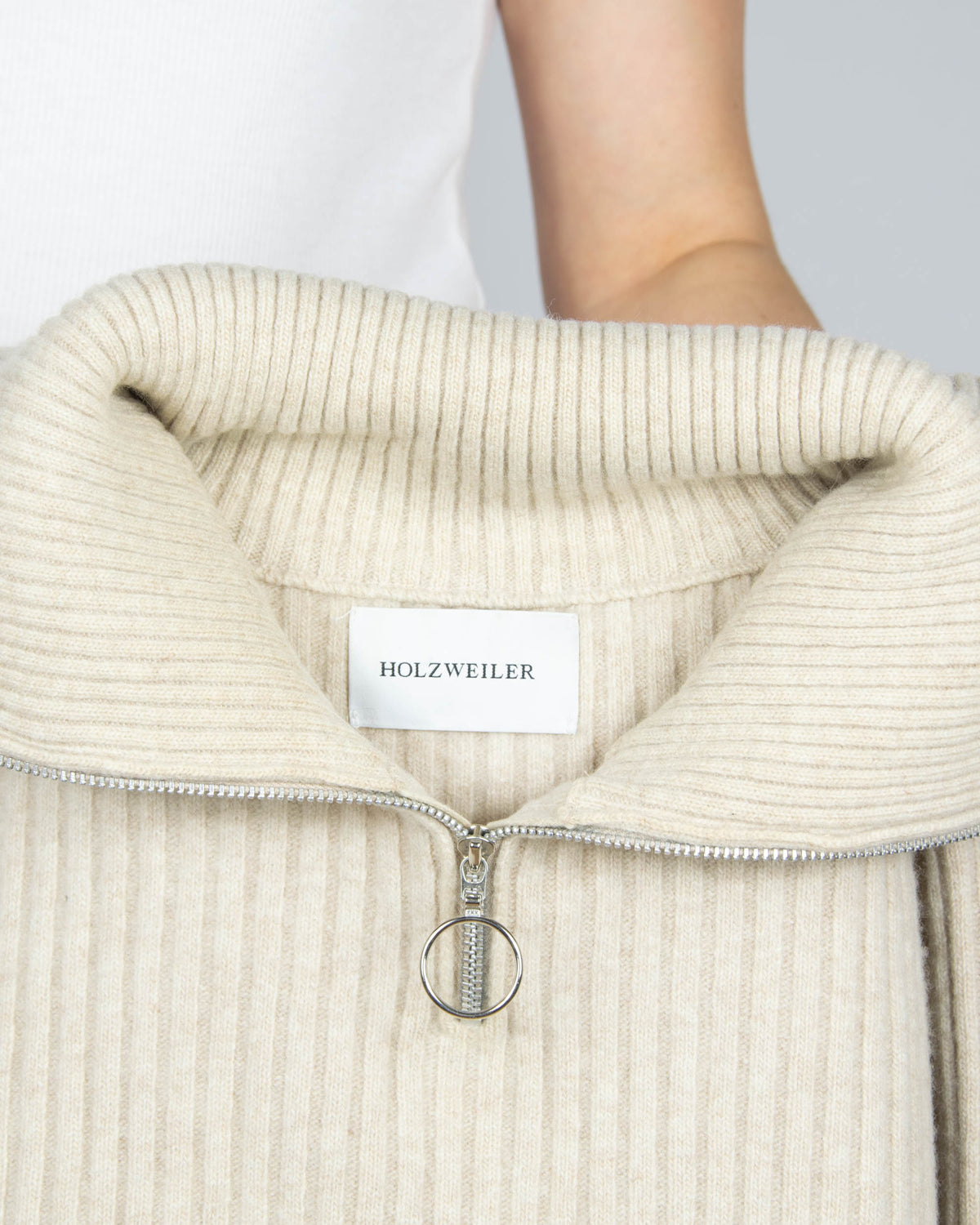 Cream Italian extra fine wool zip-up sweater by Holzweiler