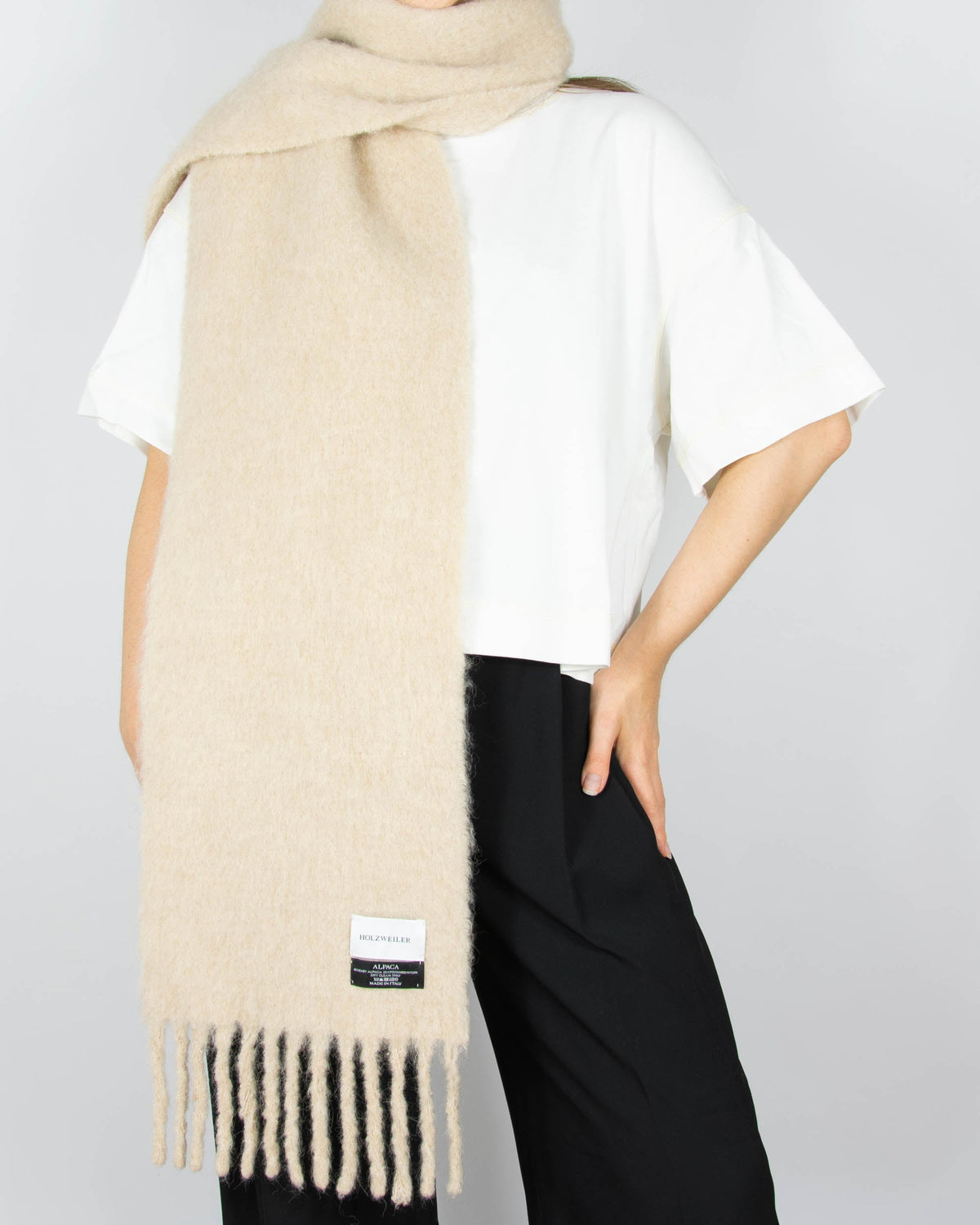 Cream baby alpaca scarf by Holzweiler