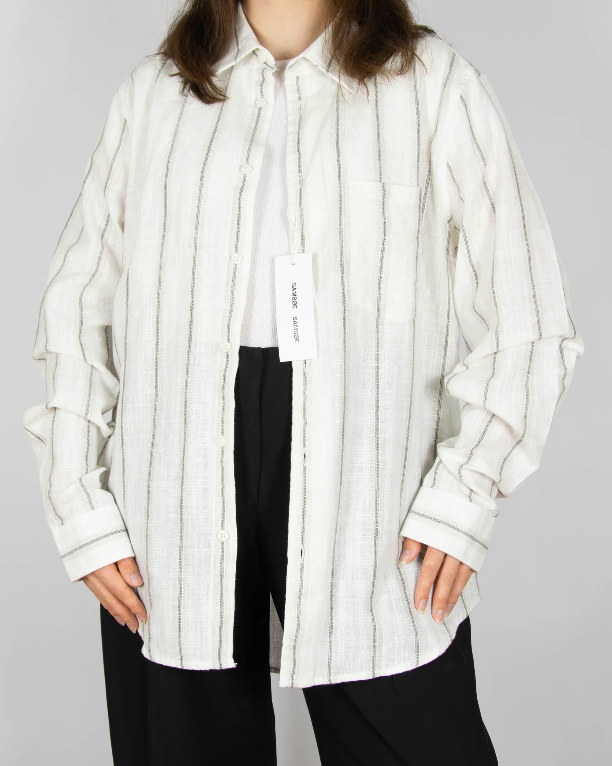 White and beige striped cotton and linen shirt by SAMSØE SAMSØE