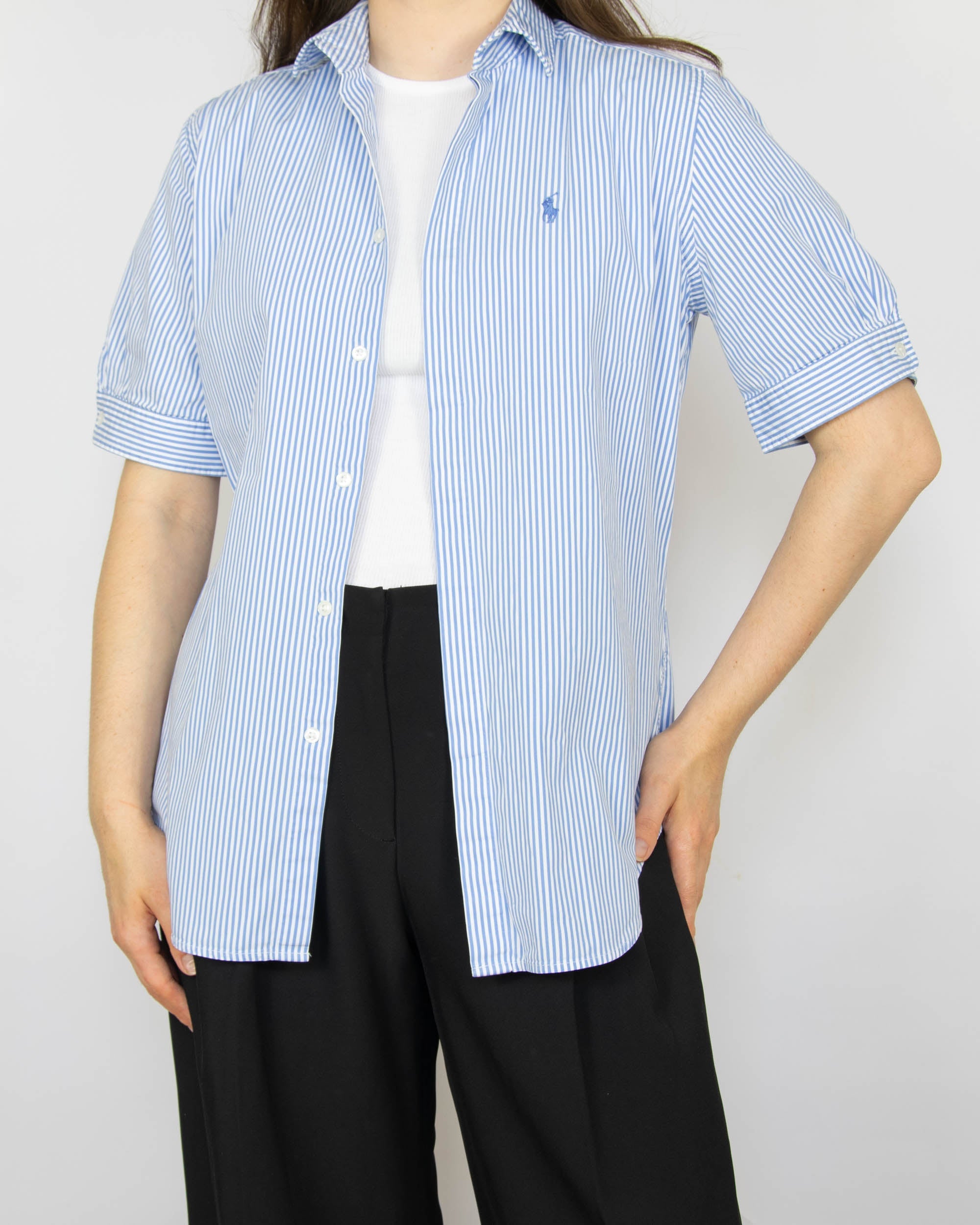 White and blue striped short-sleeve cotton shirt by premium brand Ralph Lauren