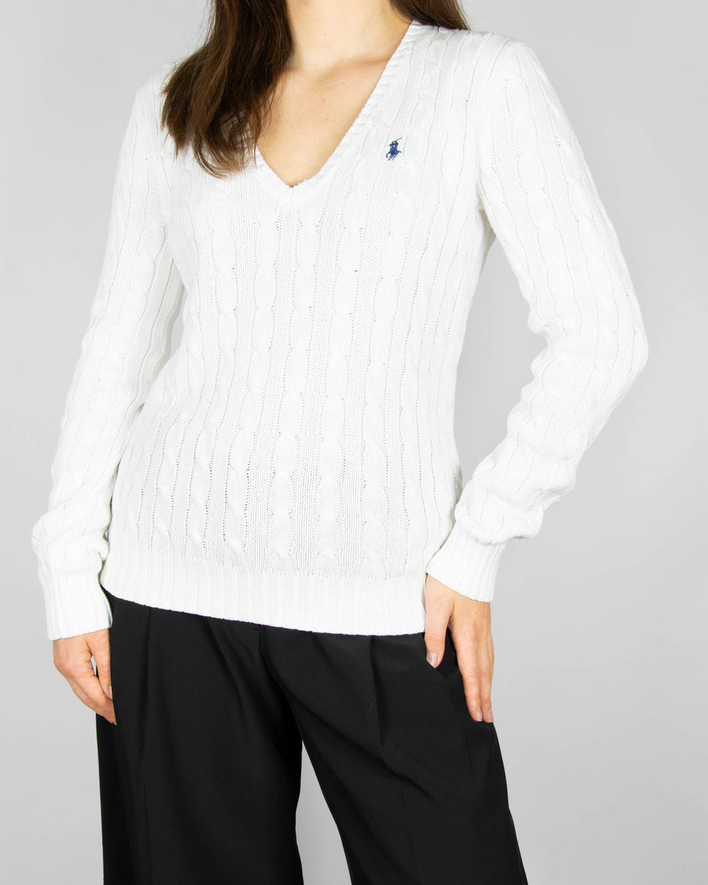 White cable-knit cotton sweater by Ralph Lauren