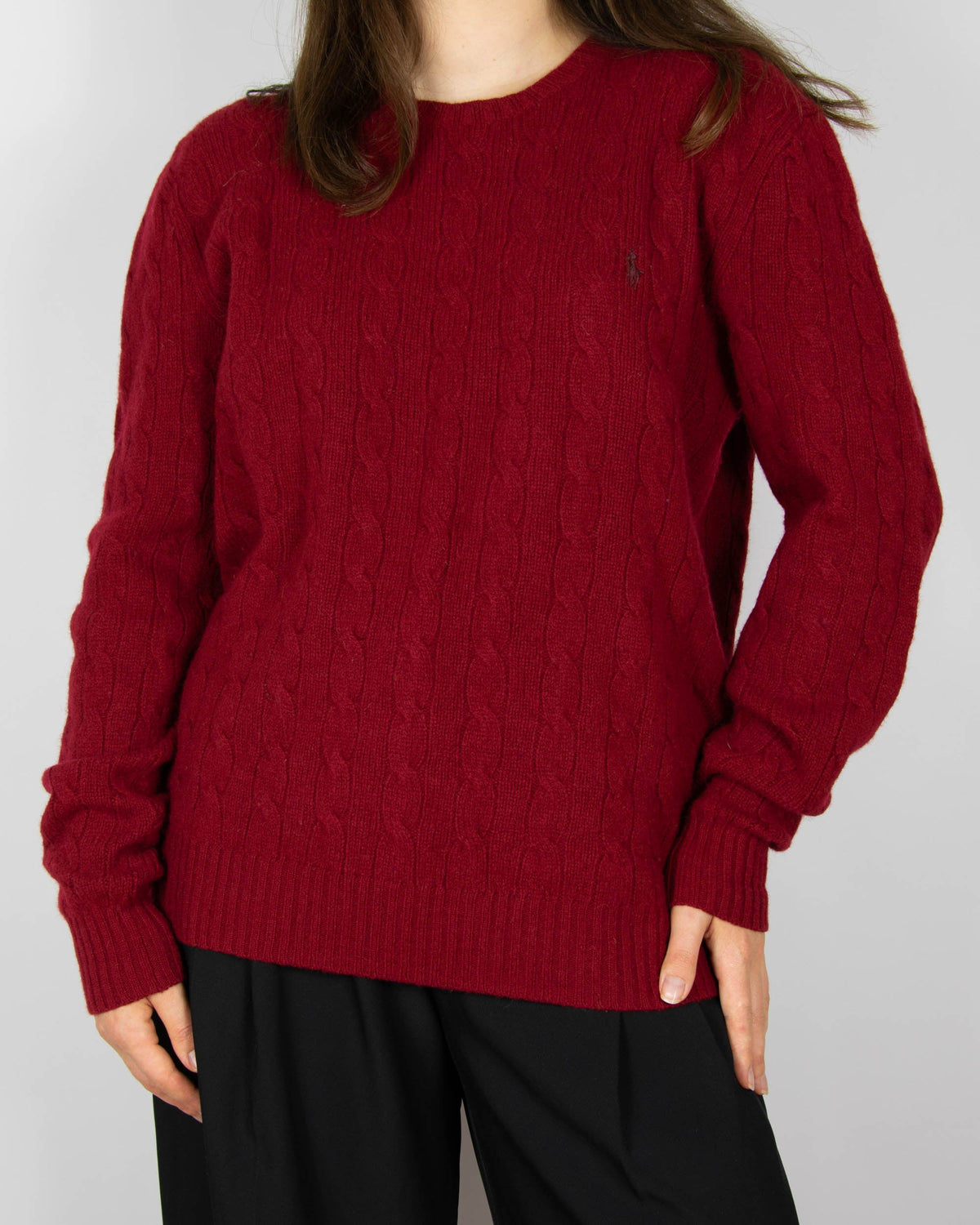 Bordowy (merino + cashmere) sweater warkoczowy marki premium Ralph Lauren