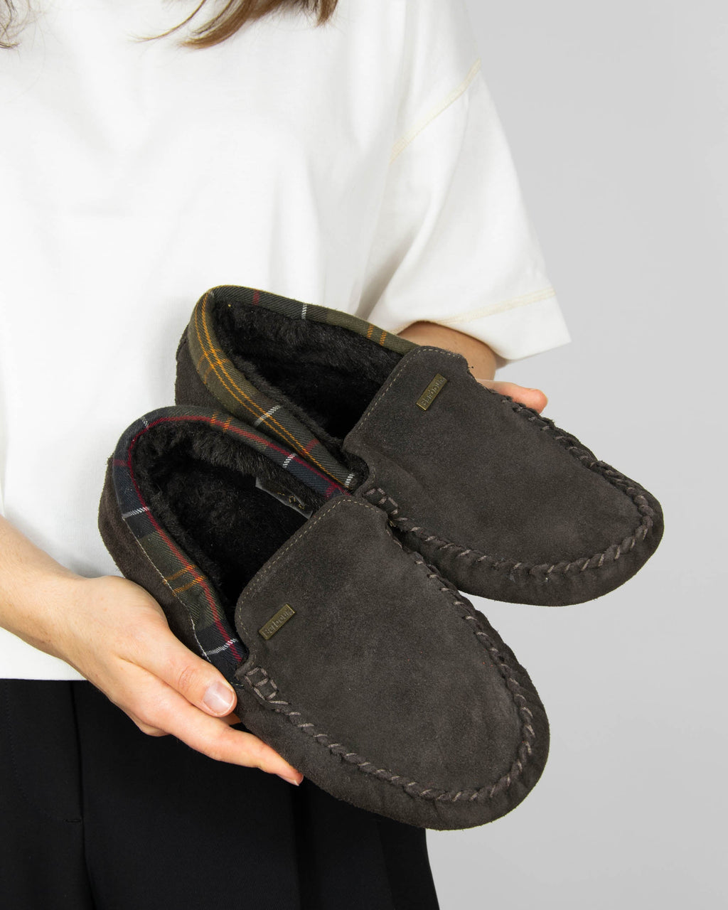 Brown suede slippers by Barbour