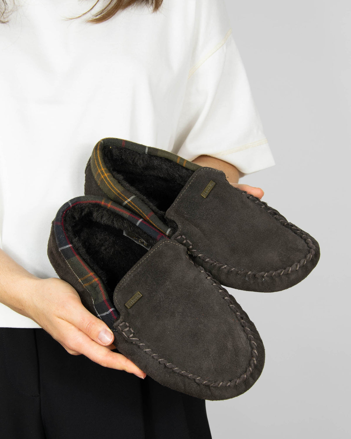 Brown suede slippers by Barbour