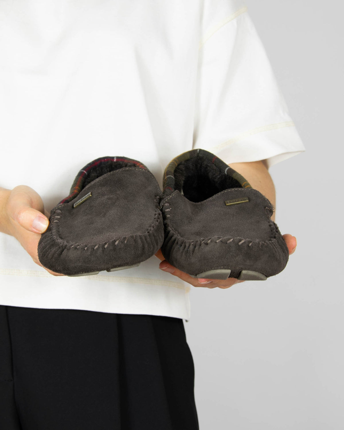 Brown suede slippers by Barbour