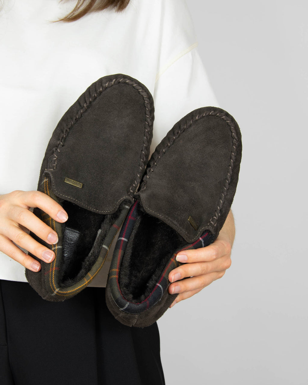 Brown suede slippers by Barbour