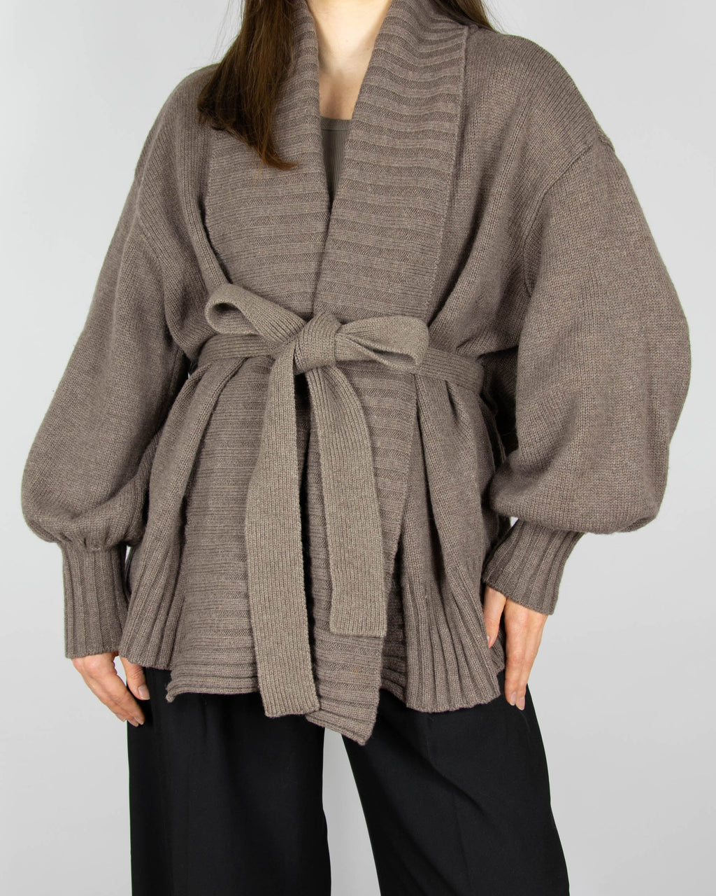 Brown tie-front merino wool cardigan by Scandinavian brand Pierre Robert.