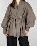 Brown tie-front merino wool cardigan by Scandinavian brand Pierre Robert.