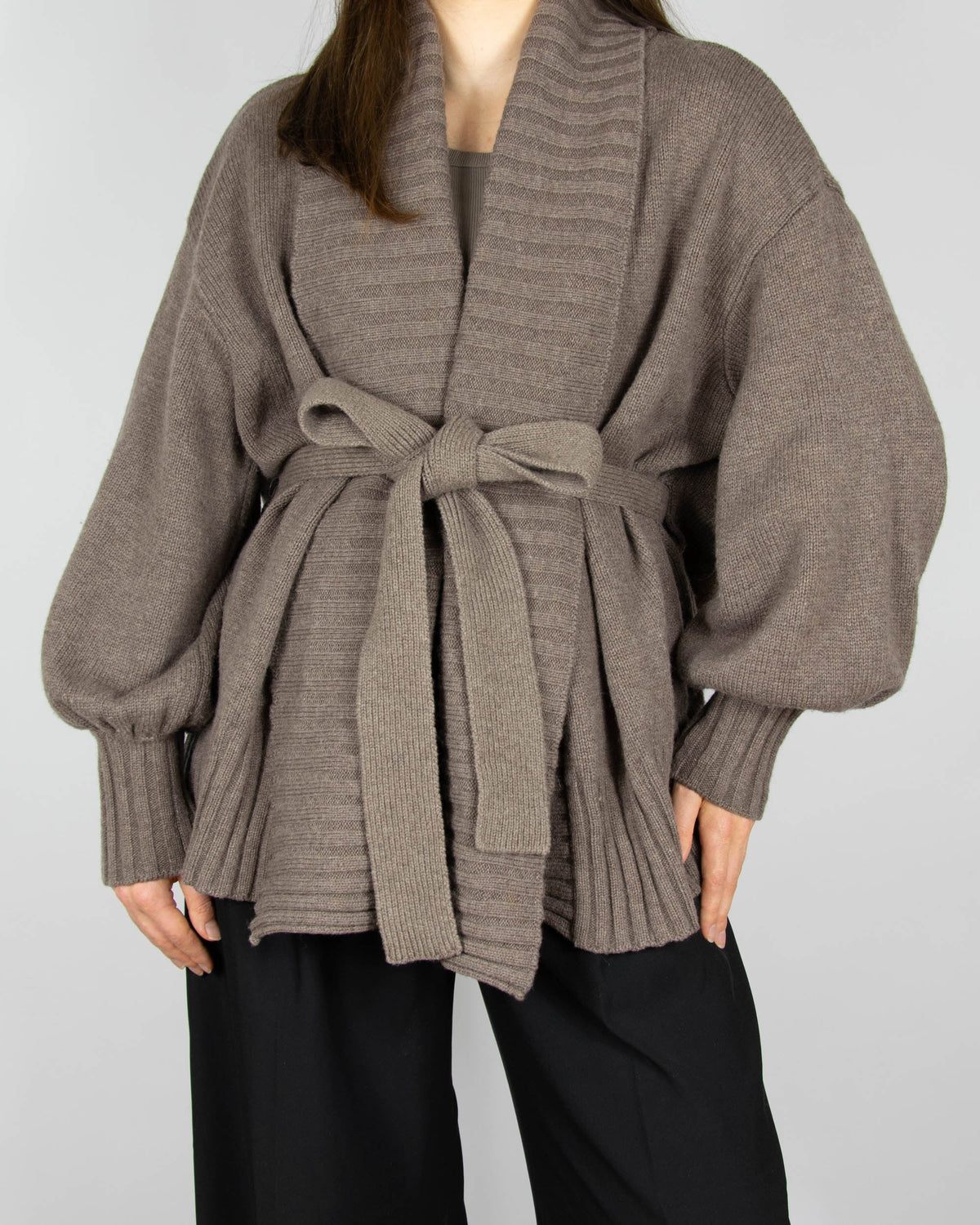 Brown tie-front merino wool cardigan by Scandinavian brand Pierre Robert.
