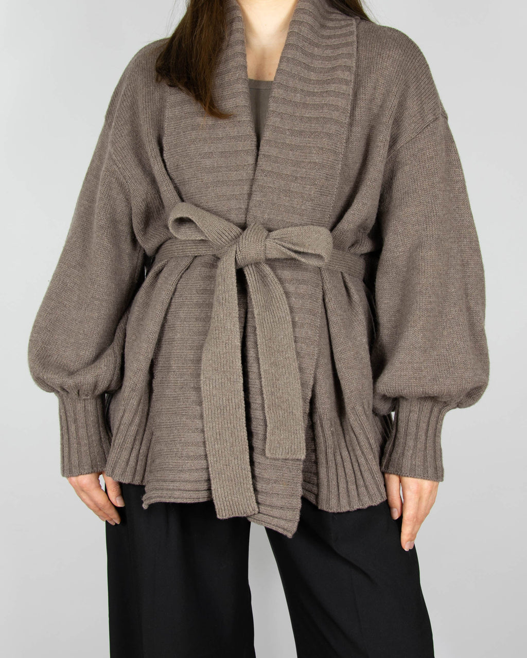 Brown tie-front merino wool cardigan by Scandinavian brand Pierre Robert.