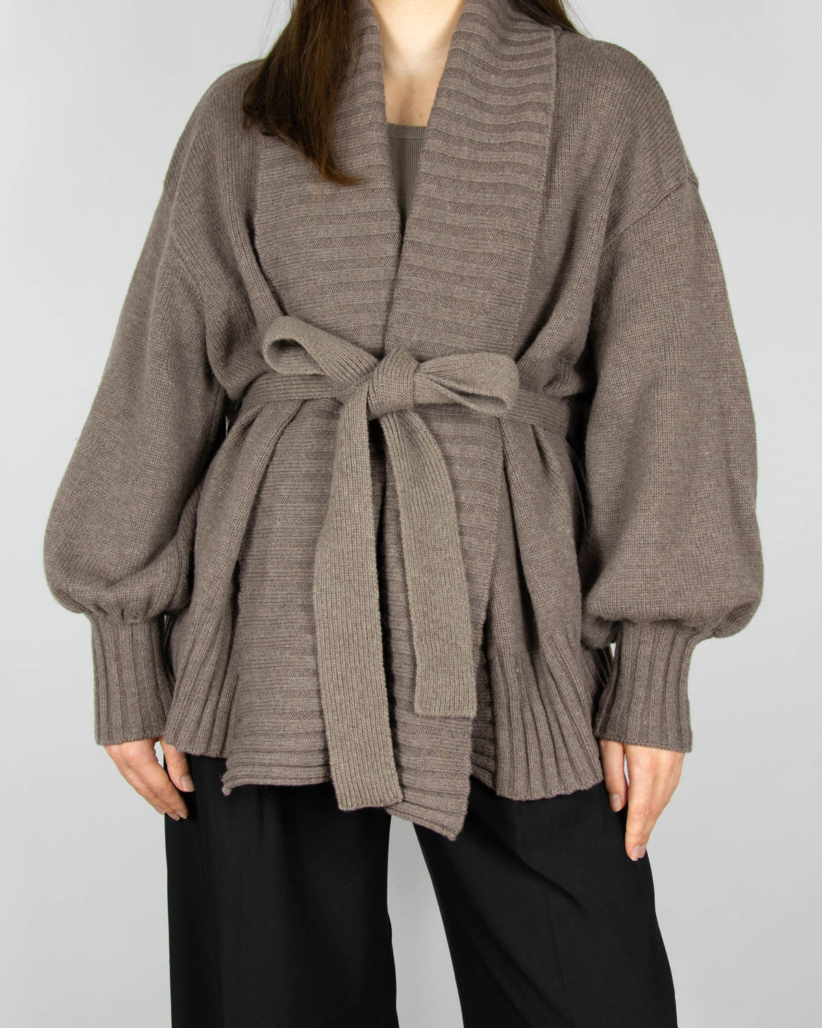 Brown tie-front merino wool cardigan by Scandinavian brand Pierre Robert.