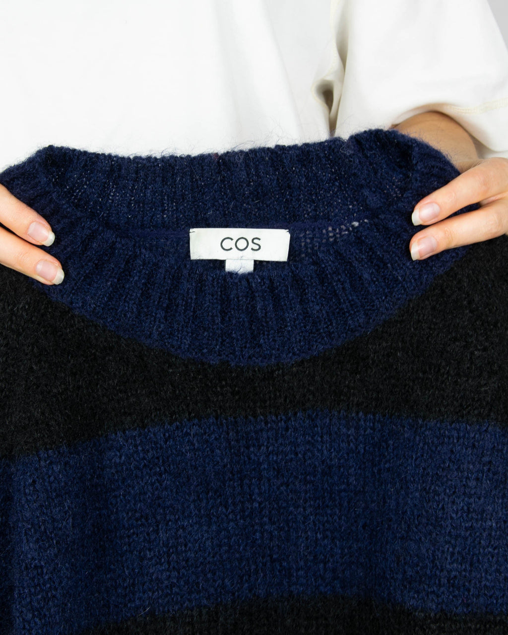Navy and black mohair and wool striped sweater by COS