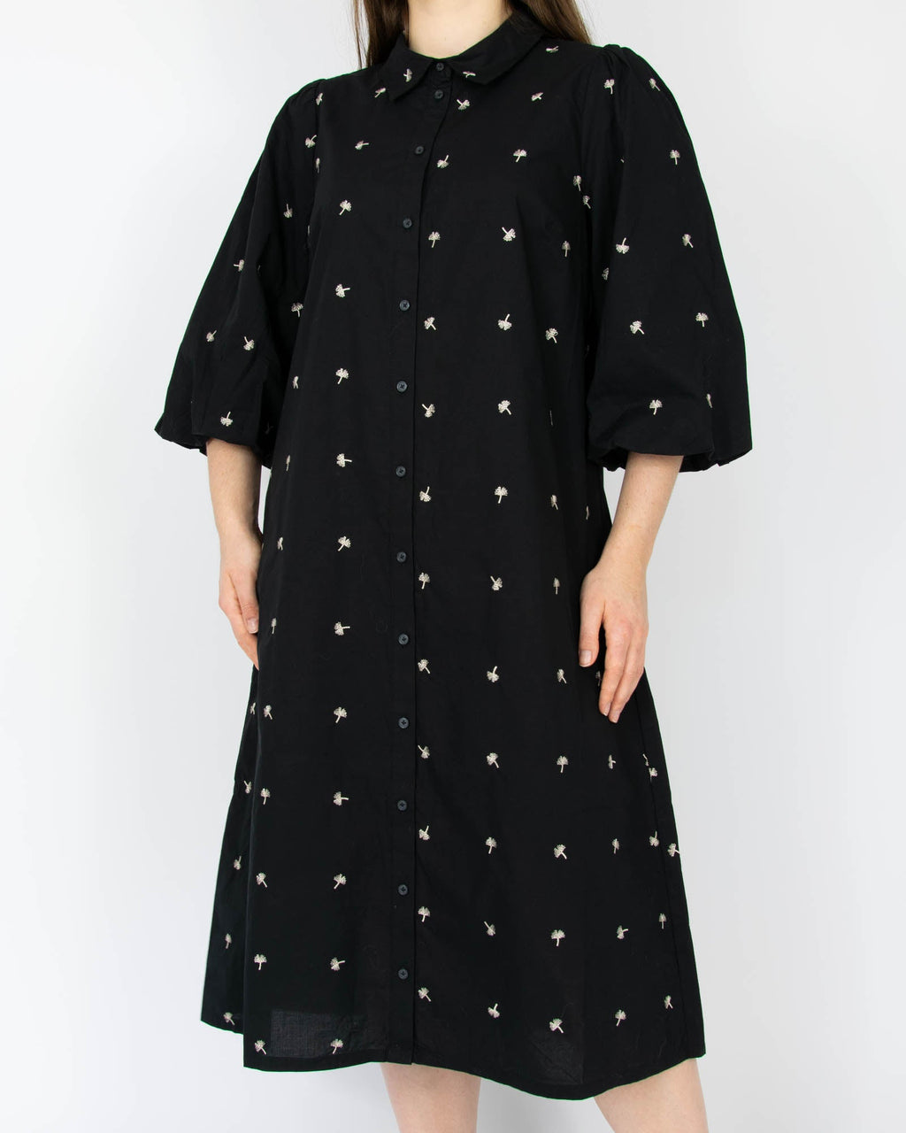 Black organic cotton shirt dress with embroidered dandelions by JUST FEMALE