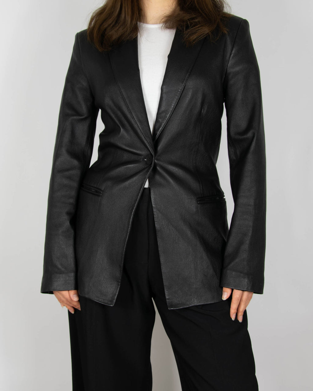 Black leather blazer by British luxury brand JOSEPH