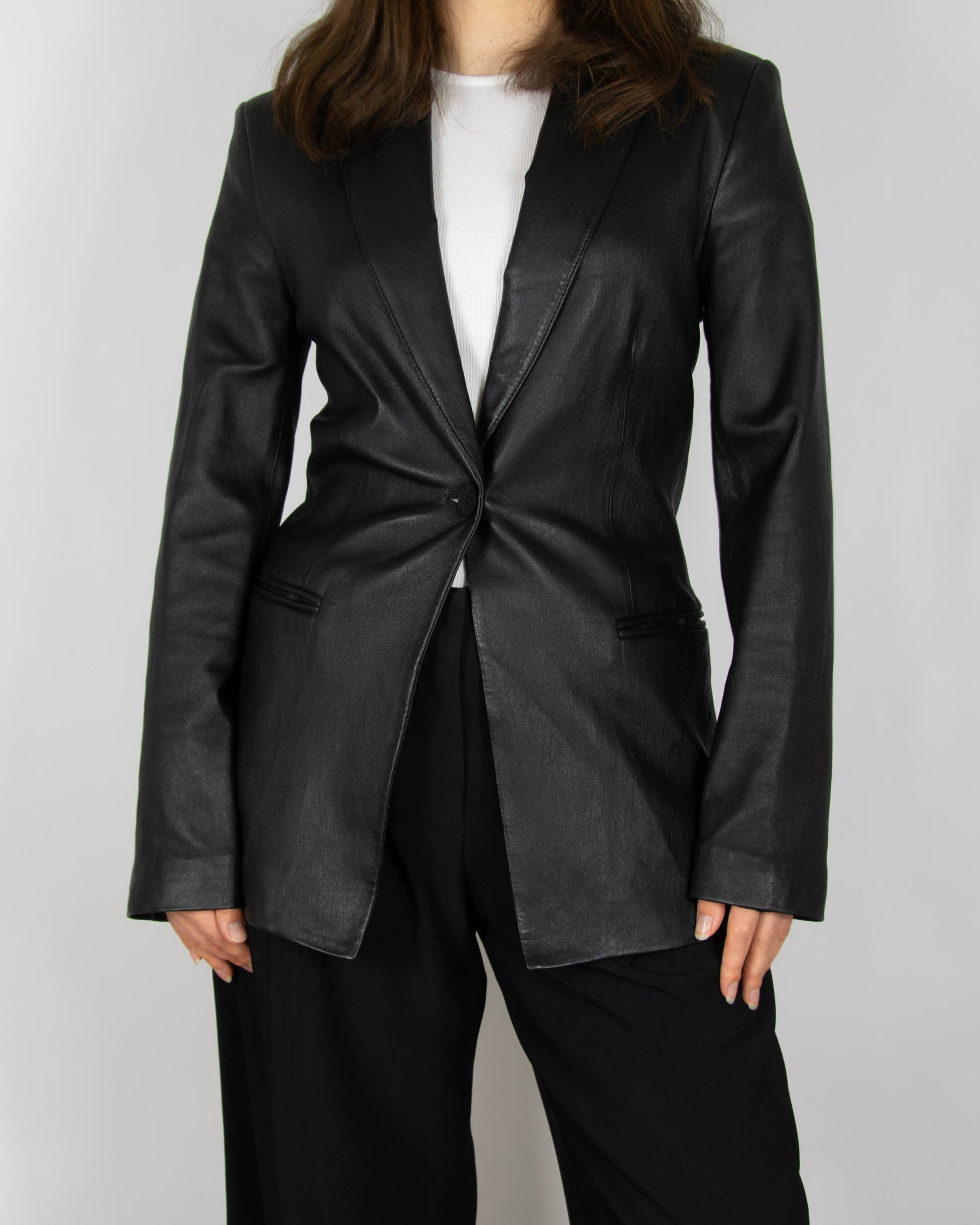 Black leather blazer by British luxury brand JOSEPH