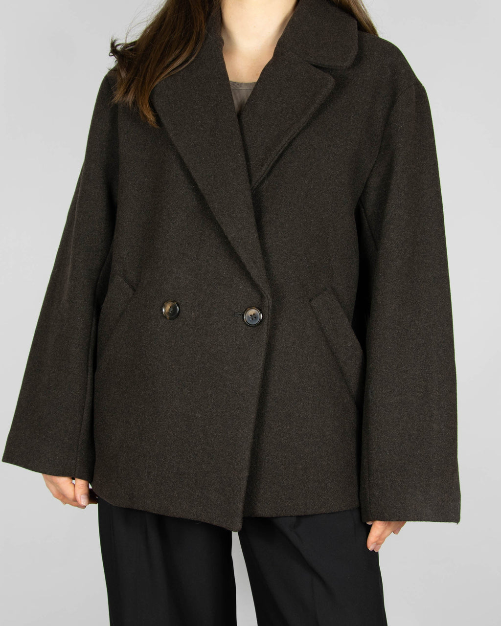 Chocolate brown short double-breasted oversized wool-blend coat by Lindex