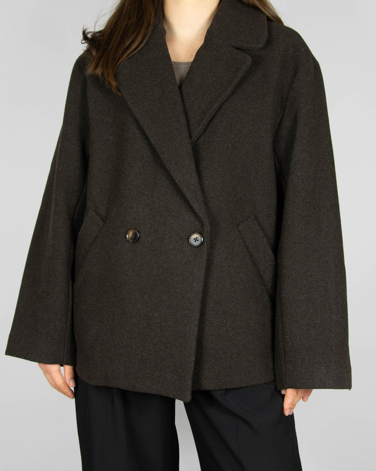 Chocolate brown short double-breasted oversized wool-blend coat by Lindex