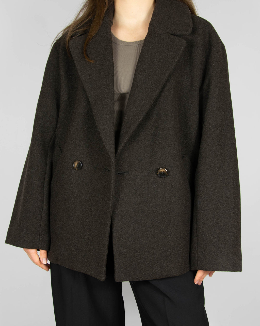 Chocolate brown short double-breasted oversized wool-blend coat by Lindex