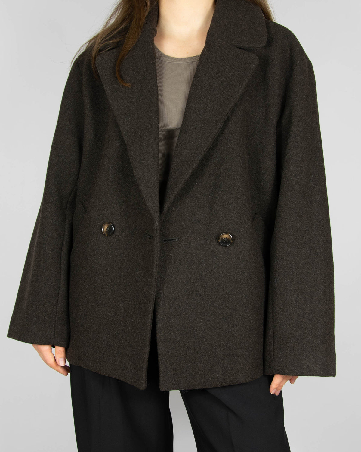 Chocolate brown short double-breasted oversized wool-blend coat by Lindex
