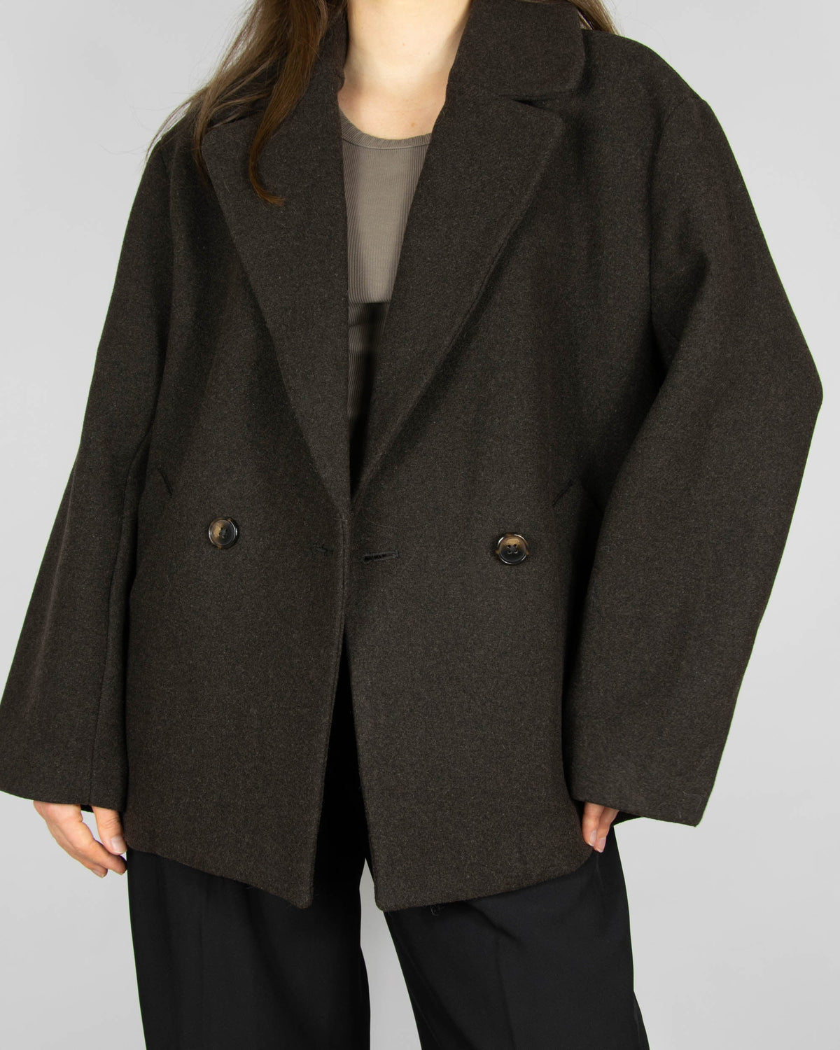Chocolate brown short double-breasted oversized wool-blend coat by Lindex