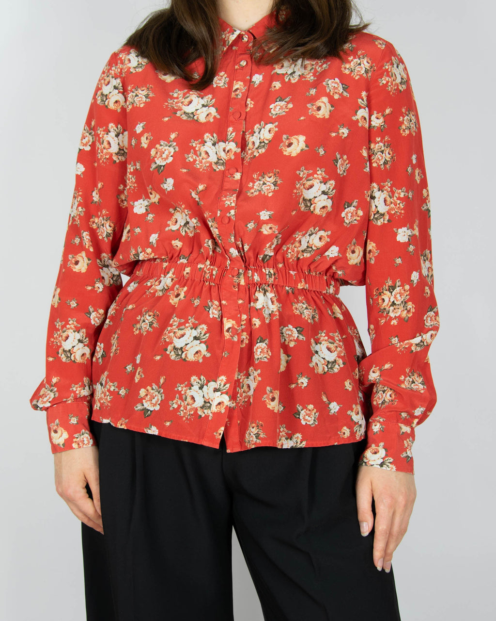 Red floral silk shirt by Norwegian brand FWSS (FALL WINTER SPRING SUMMER)