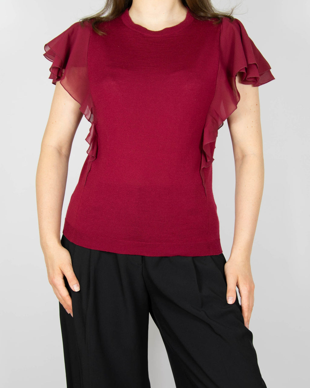 Burgundy wool blouse with silk ruffle sleeves by REDValentino