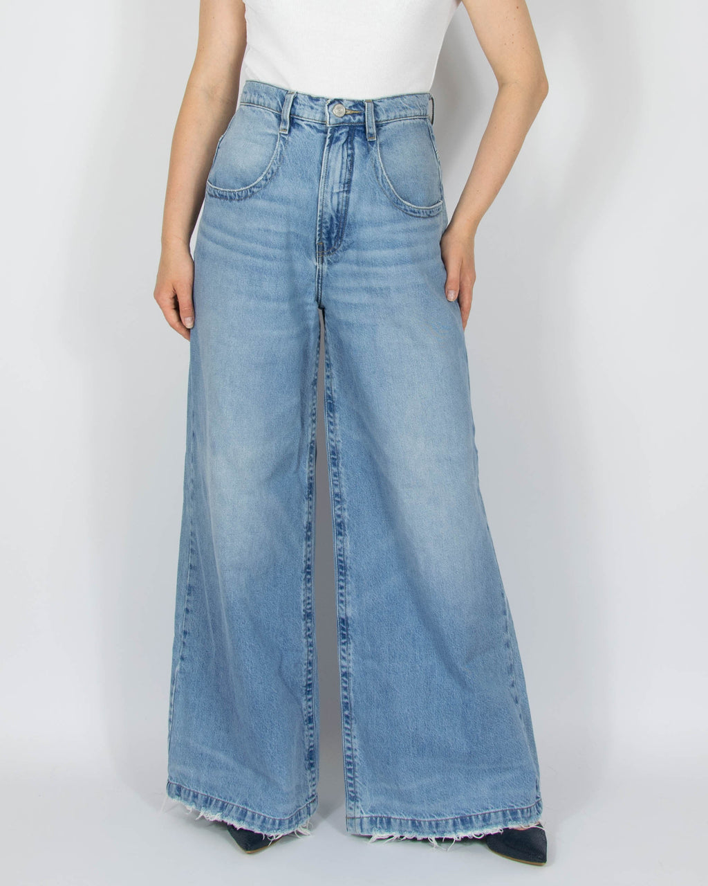 Blue high-waisted, wide-leg jeans by American premium brand FRAME