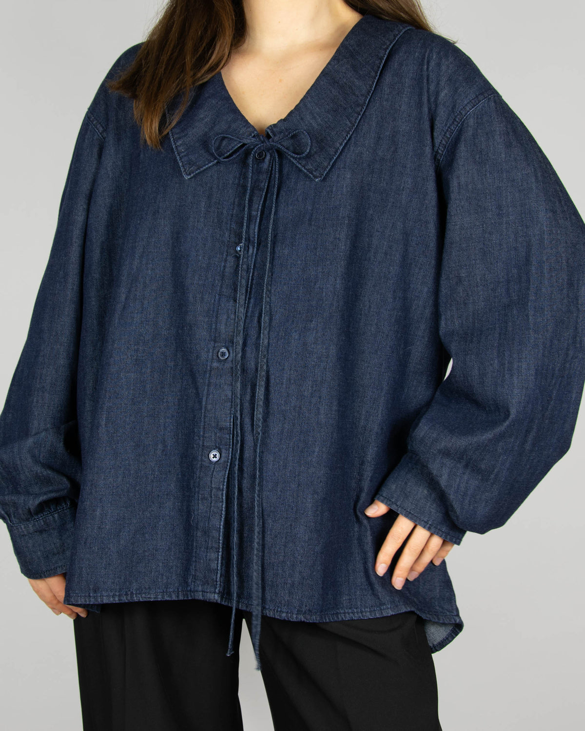 Navy denim shirt by Zara.