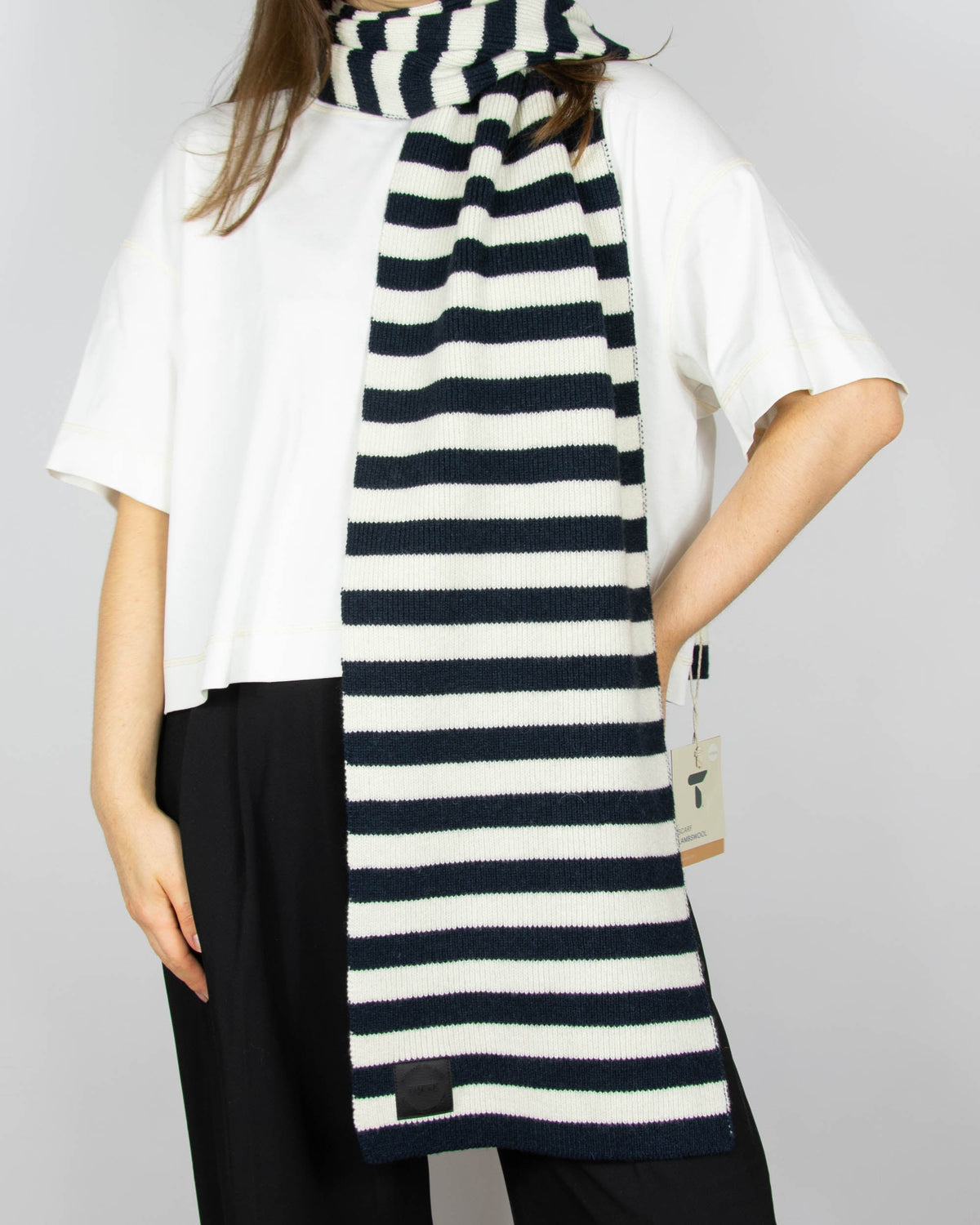Navy and cream striped lambswool scarf by Tufte