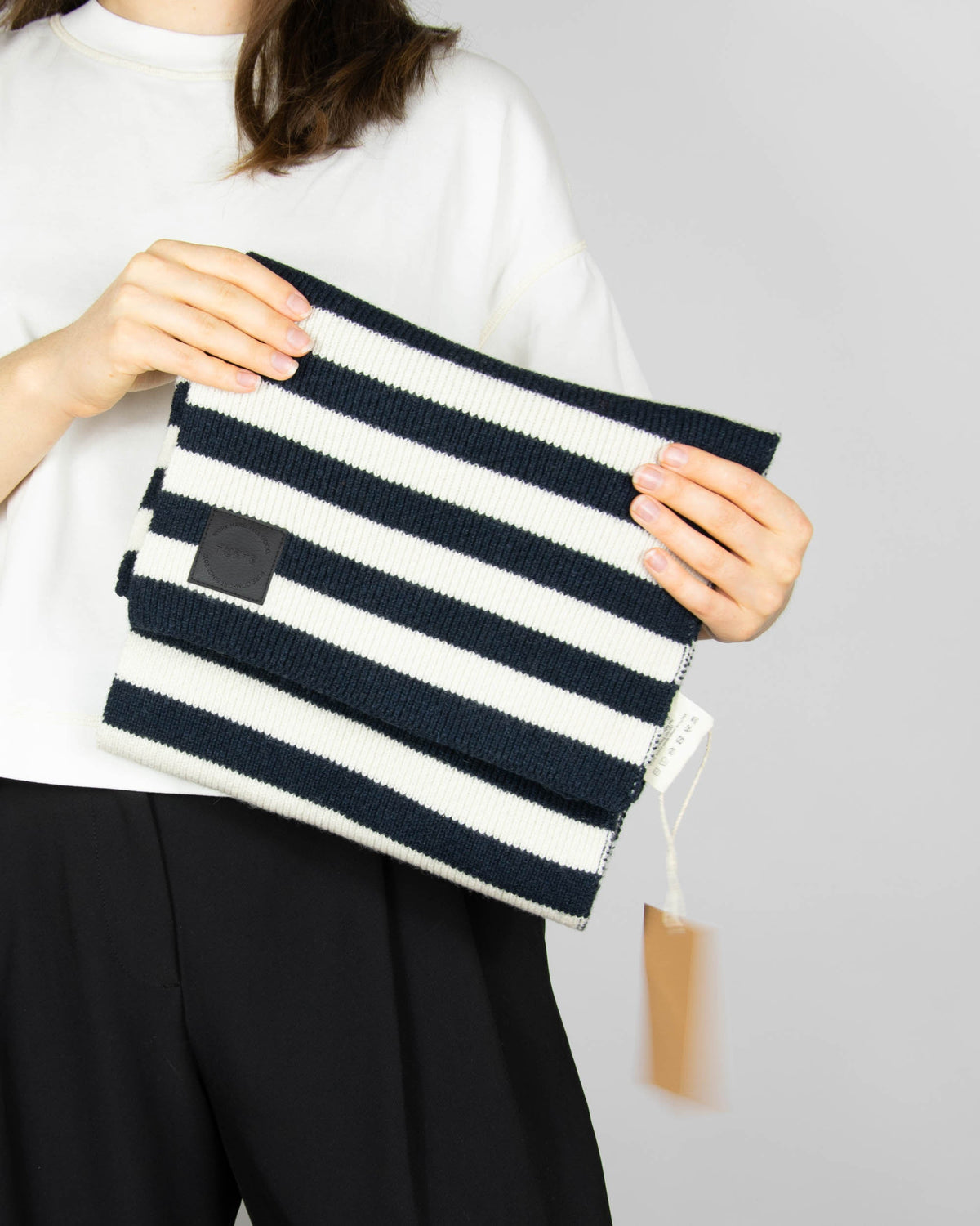 Navy and cream striped lambswool scarf by Tufte
