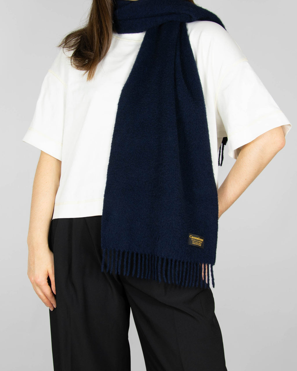 Navy fluffy cashmere scarf by Connoisseur. Made in Scotland.