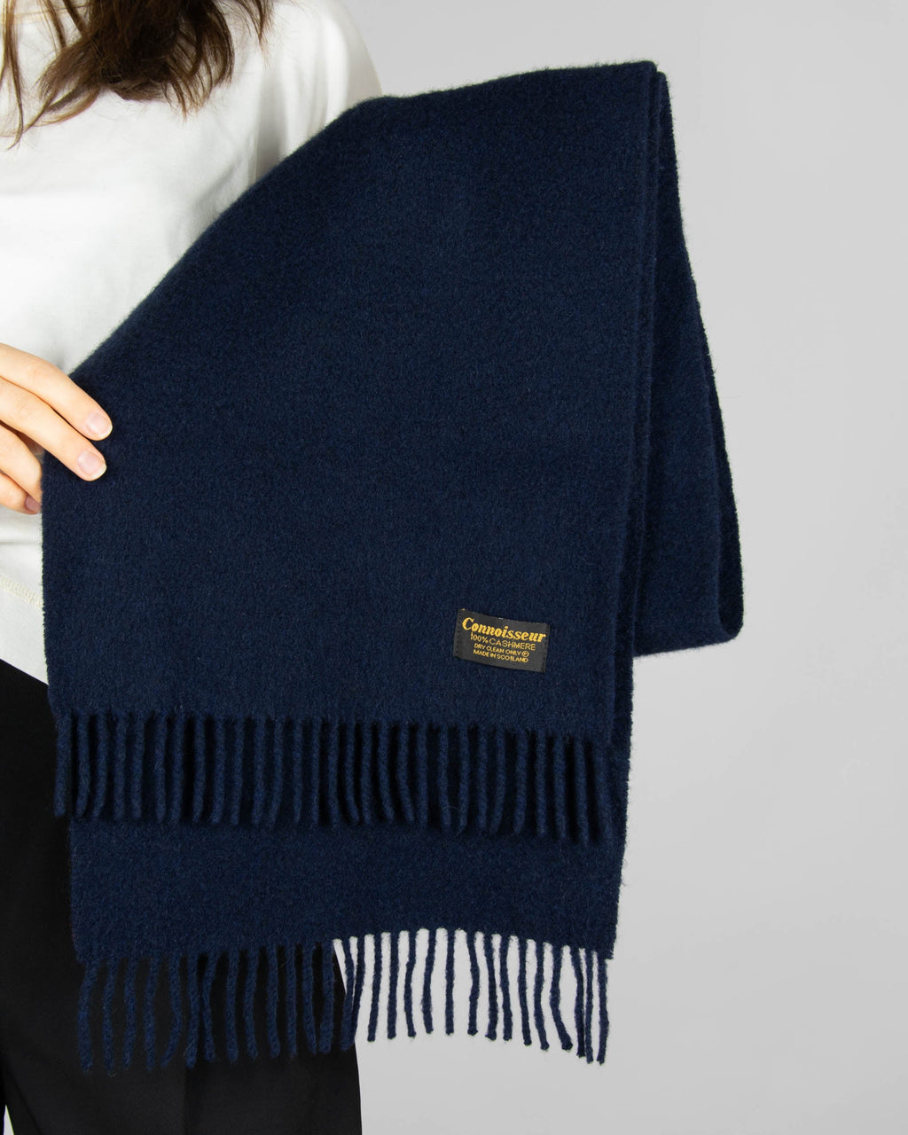 Navy fluffy cashmere scarf by Connoisseur. Made in Scotland.