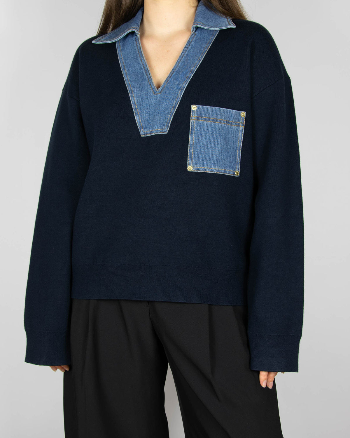 Navy viscose sweater with denim inserts by Sandro