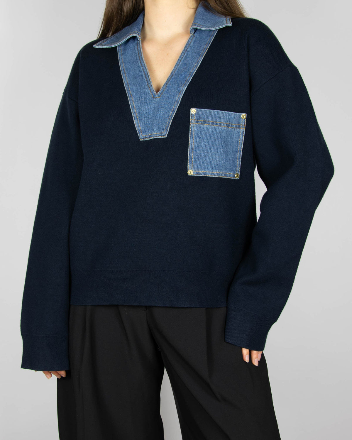 Navy viscose sweater with denim inserts by Sandro