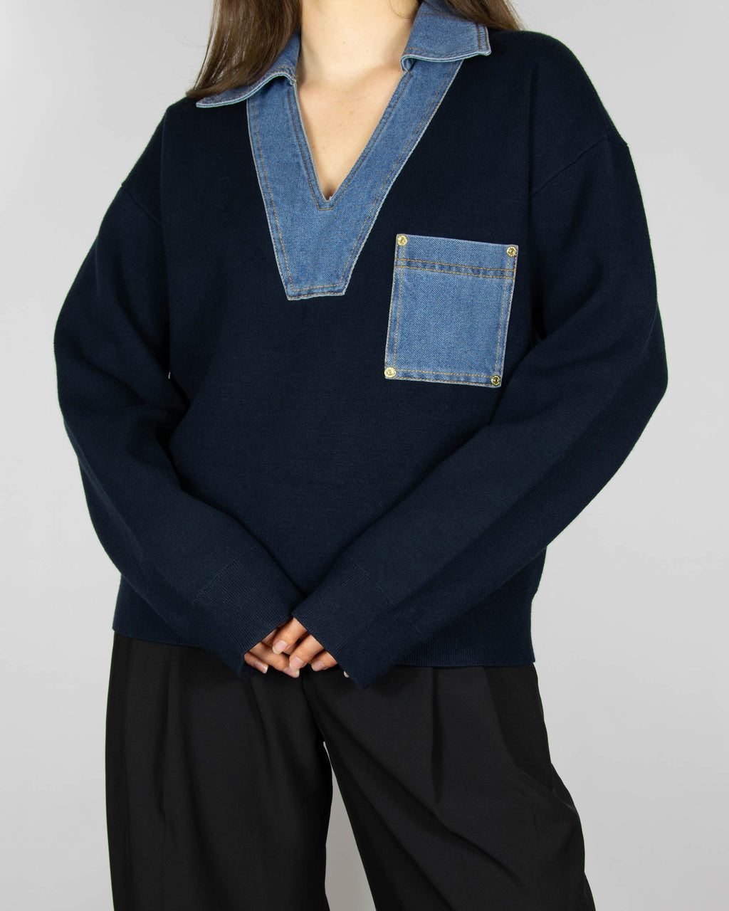 Navy viscose sweater with denim inserts by Sandro