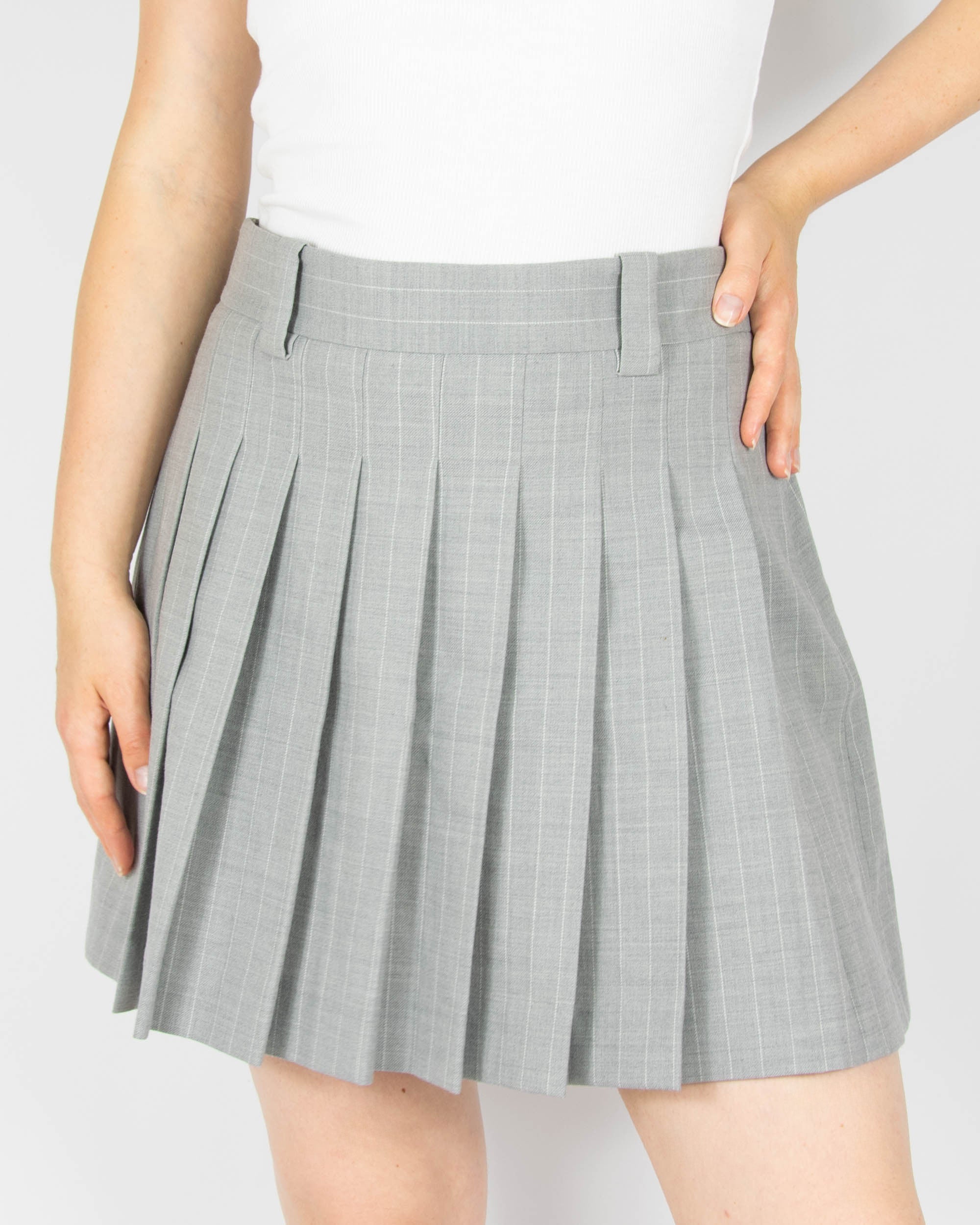 Grey pleated wool-blend skirt with white stripes by ARKET