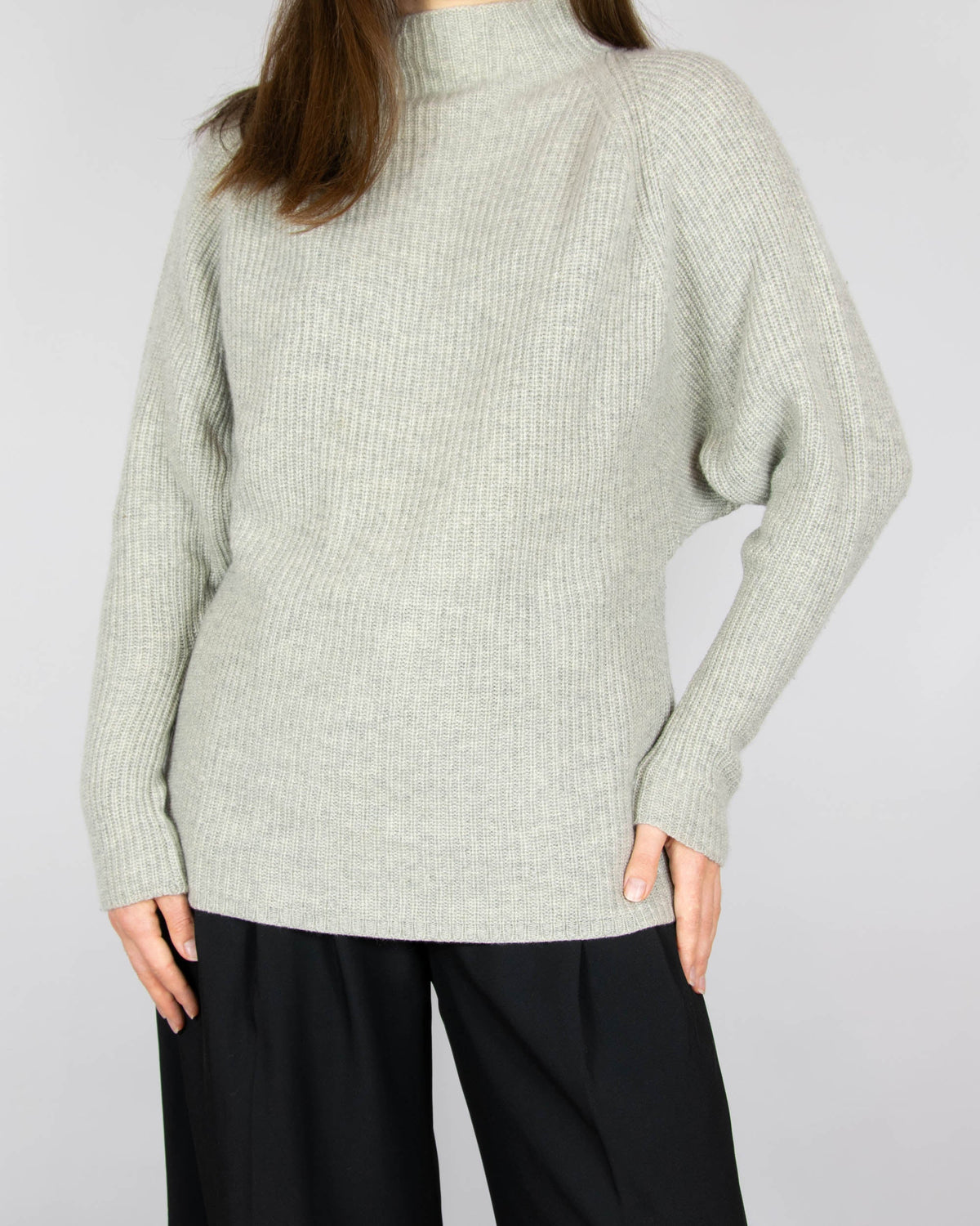 Grey wool and cashmere mock-neck sweater by premium brand Ralph Lauren.