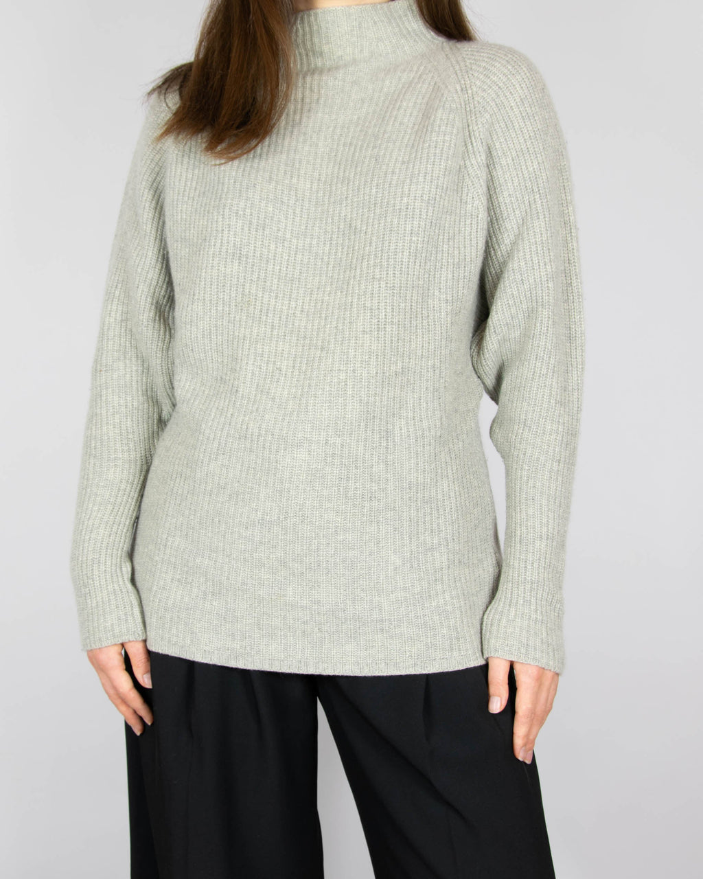 Grey wool and cashmere mock-neck sweater by premium brand Ralph Lauren.